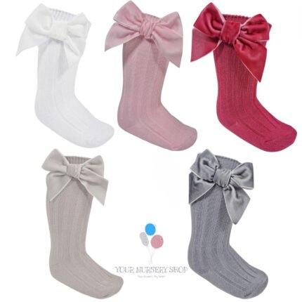 Velvet Knee High Satin Bow Socks 0-24M