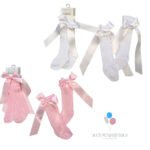 Baby Knee Length Socks with Bow - Pink/White - Image 3