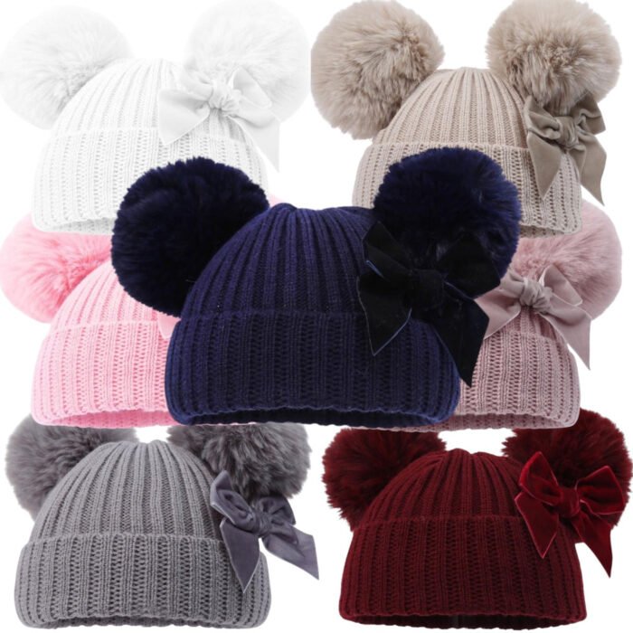 Velvet Bow PomPom Hat NB-12M - Image 1