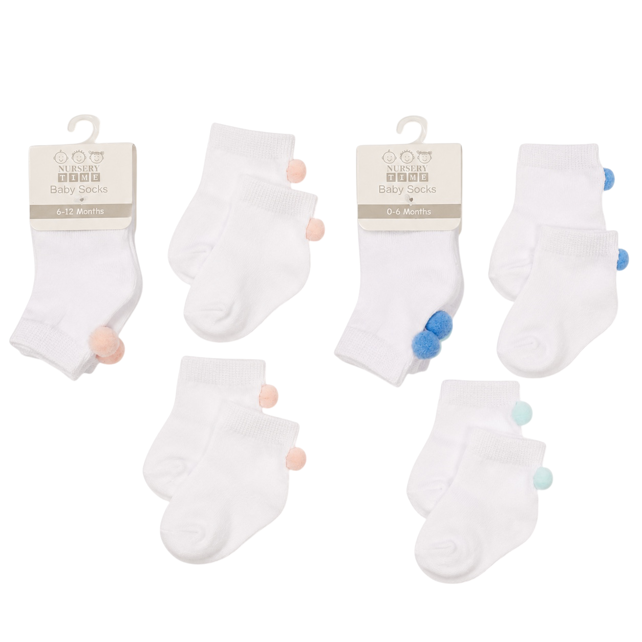 Baby Socks with Pompoms Pink/Blue 0-12m - 2 Pack 1 Baby Socks with Pompoms