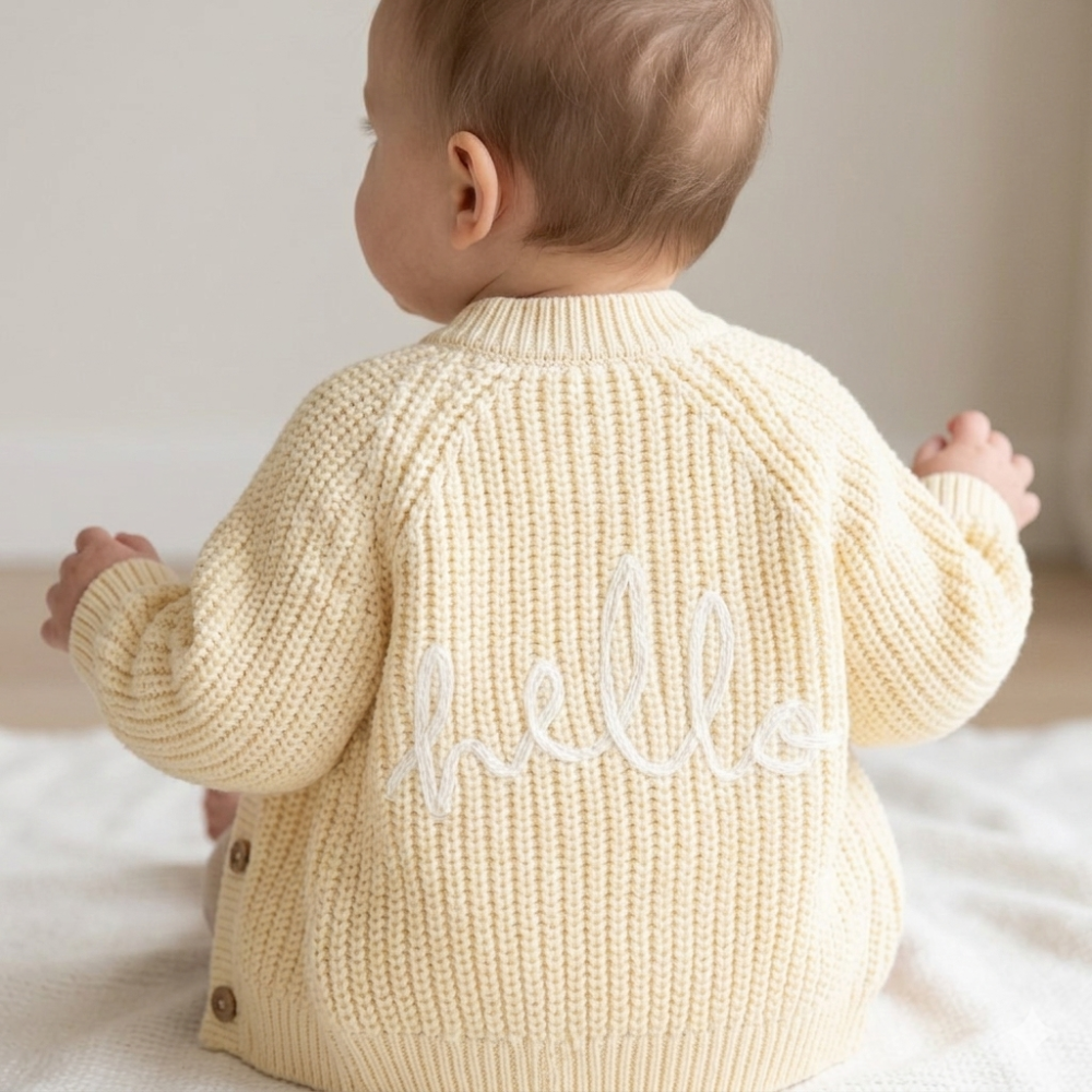 Baby Knitted Cardigan – “Hello” Slogan 9 Baby Knitted Cardigan – “Hello” Slogan - Image 9