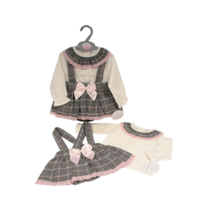 Grey & Cream Bow Pinafore Baby Dress Set