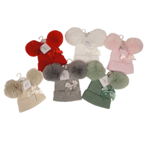 Baby Knitted Double Pom-Pom Hat with Bow