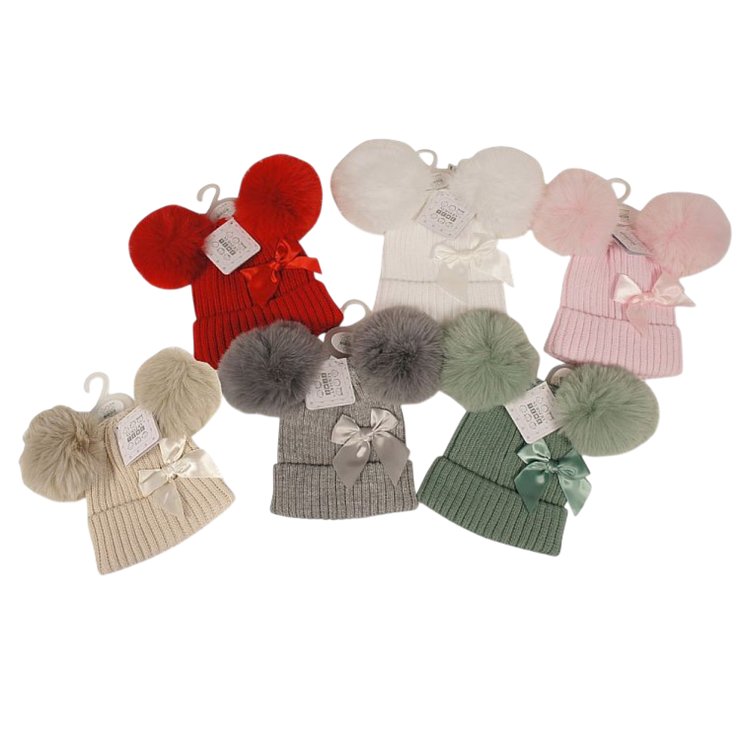 Baby Knitted Double Pom-Pom Hat with Bow | 6–12 Months 1 Baby Knitted Double Pom-Pom Hat with Bow