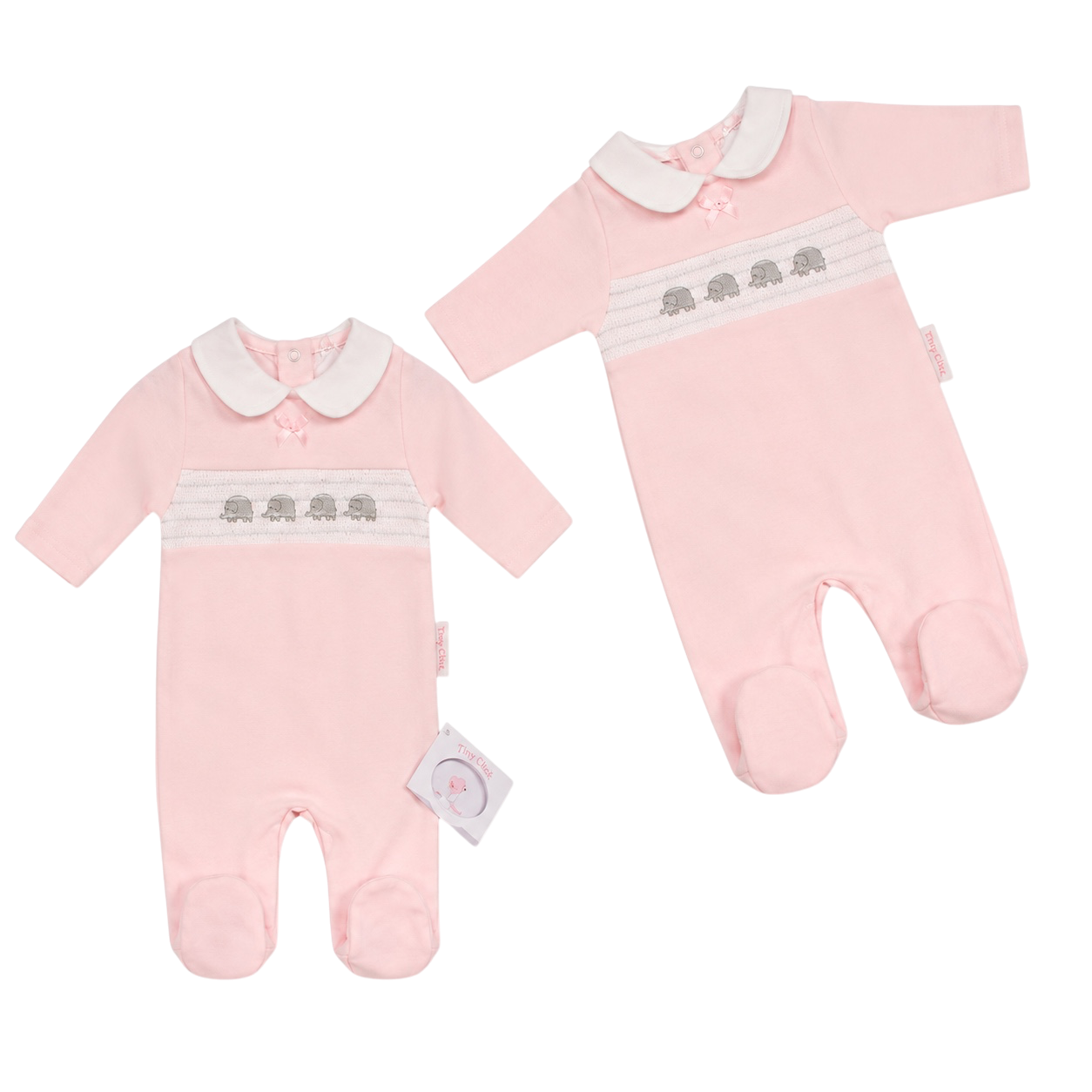 Premature Baby Girls Sleepsuit with Smocking and Bow - Elephant 2 Premature Baby Girls Sleepsuit with Smocking and Bow - Elephant - Image 2