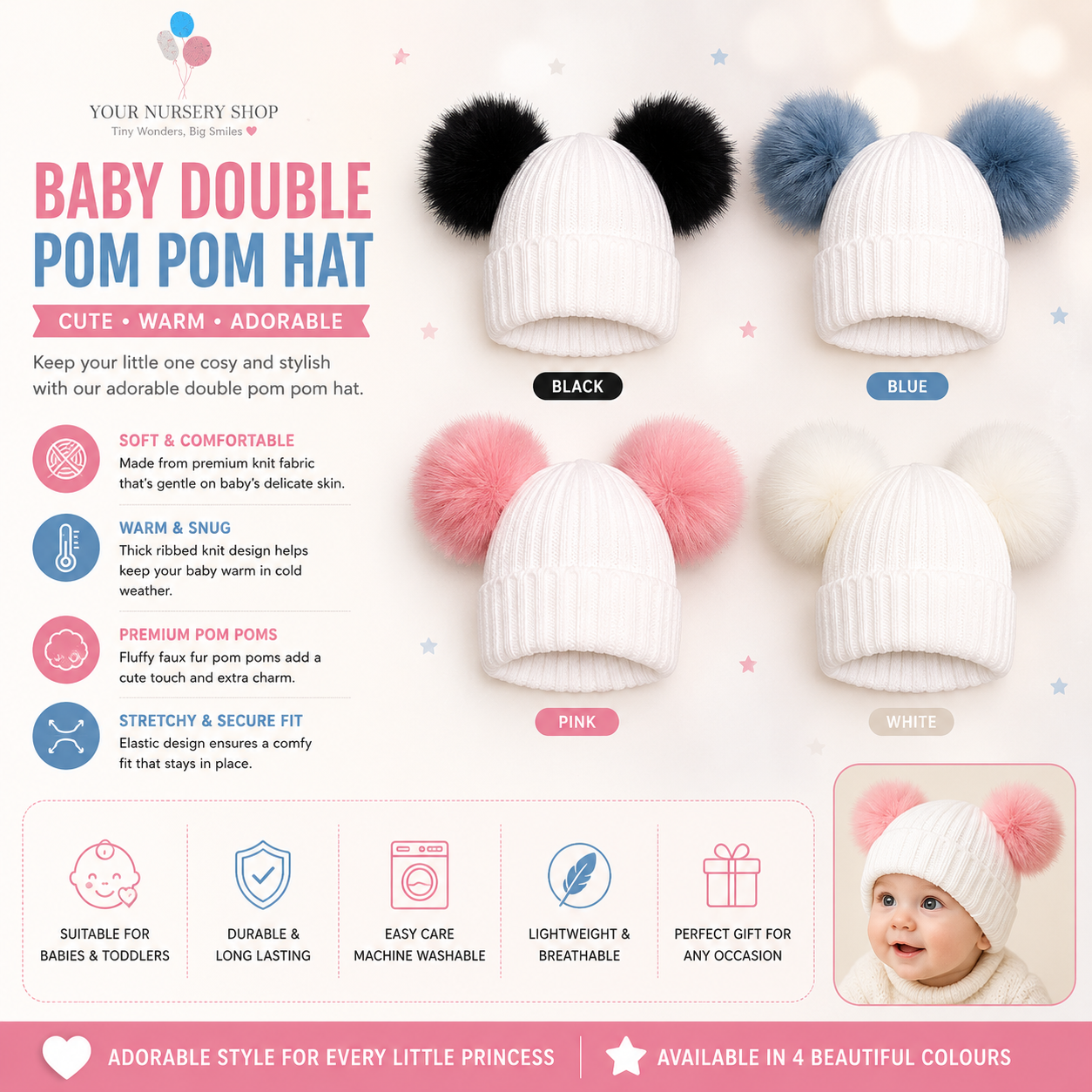 Double Pompom Hats NB-12M Dual Pom 6 Double Pompom Hat NB-12M