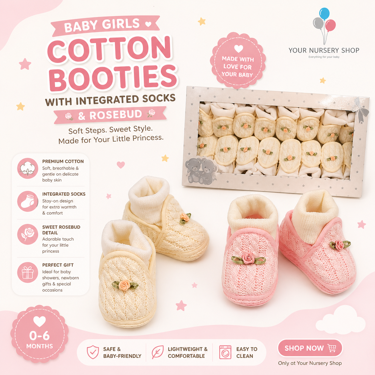 Baby Booties with Integrated Socks and Rosebud 1 Baby Booties with Integrated Socks and Rosebud