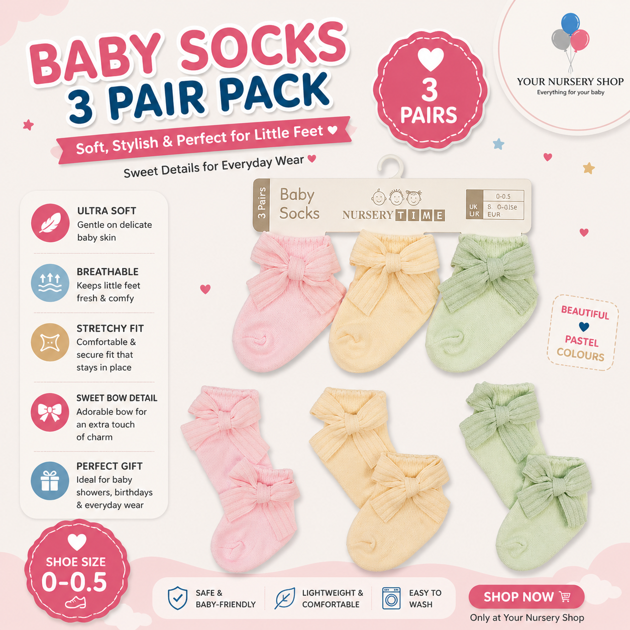 Baby Bow Socks with Large Bow – 3-Pack – 3 Colours