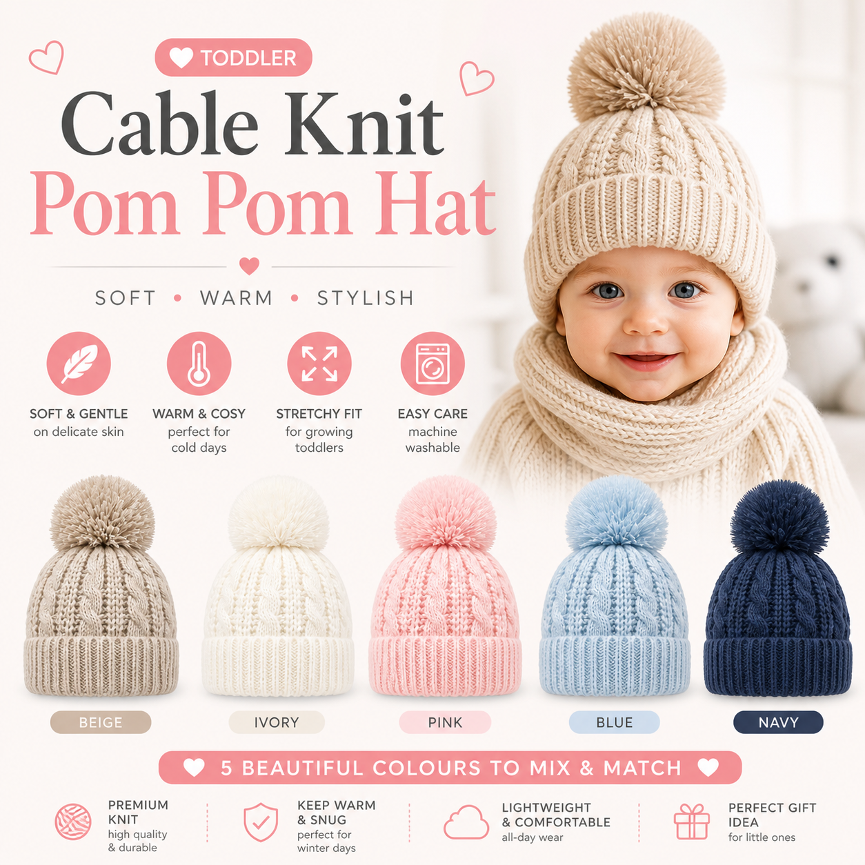 Baby Cable Knit PomPom Hat NB-12M 1 Baby Cable Knit PomPom Hat NB-12M