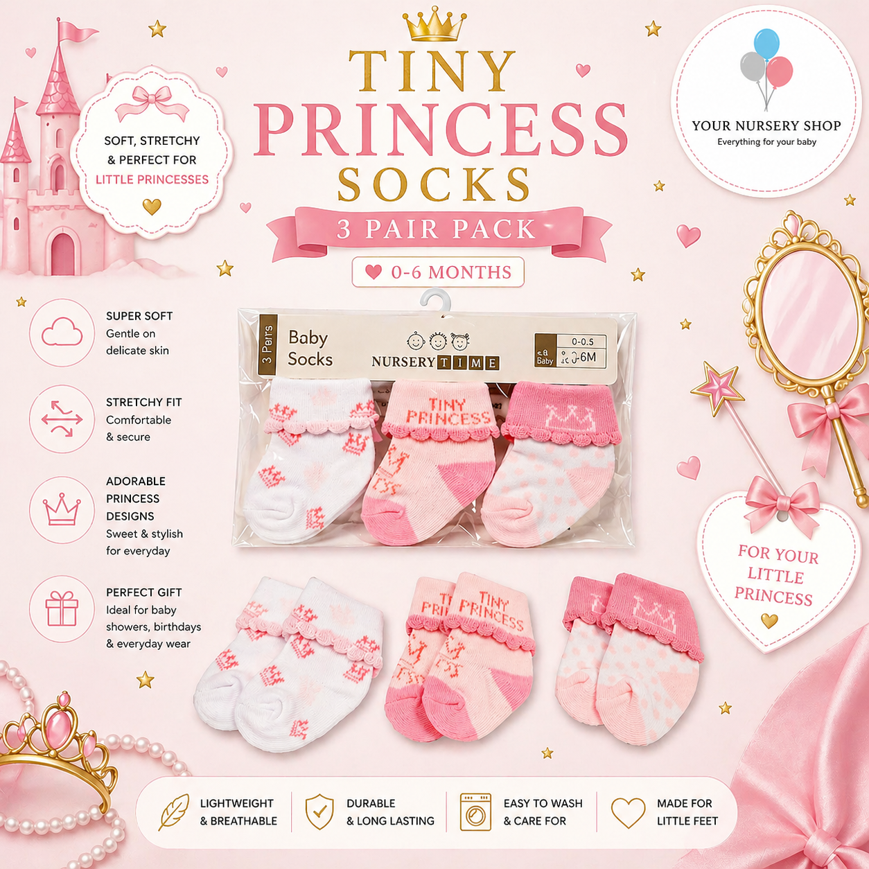 Baby Girl Socks Princess 3 Pack 0-6m 2 Baby Girl Socks Princess 3 Pack 0-6m