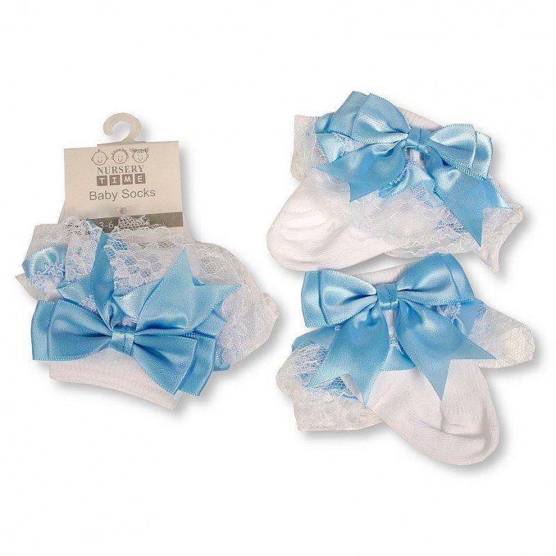 Baby Socks with Lace and Bow 0-18M 3 blue frilly socks
