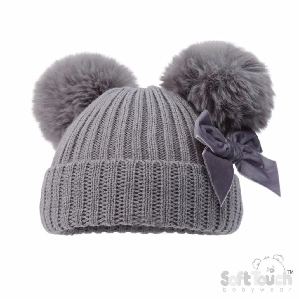 Velvet Bow PomPom Hat NB-12M 7 Velvet Bow PomPom Hat NB-12M GREY