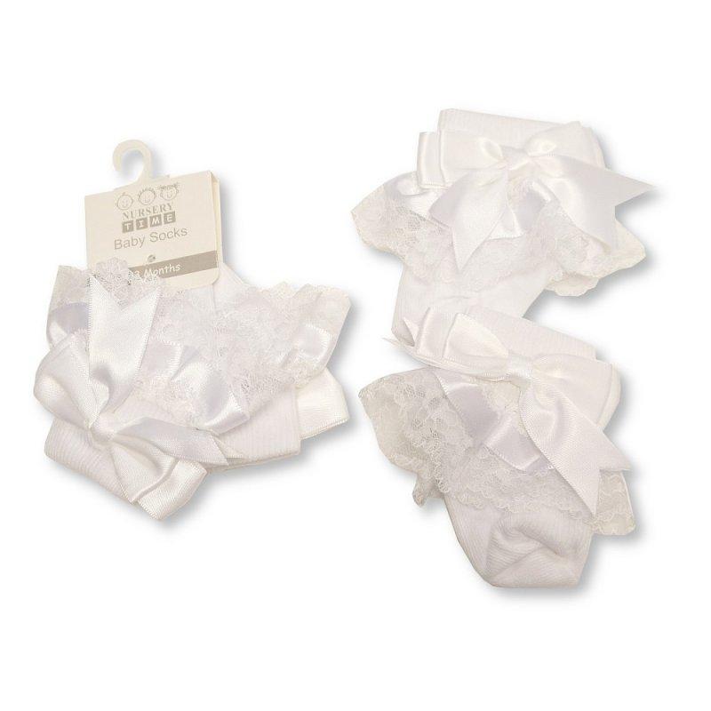 Baby Socks with Lace and Bow 0-18M 11 white frilly socks