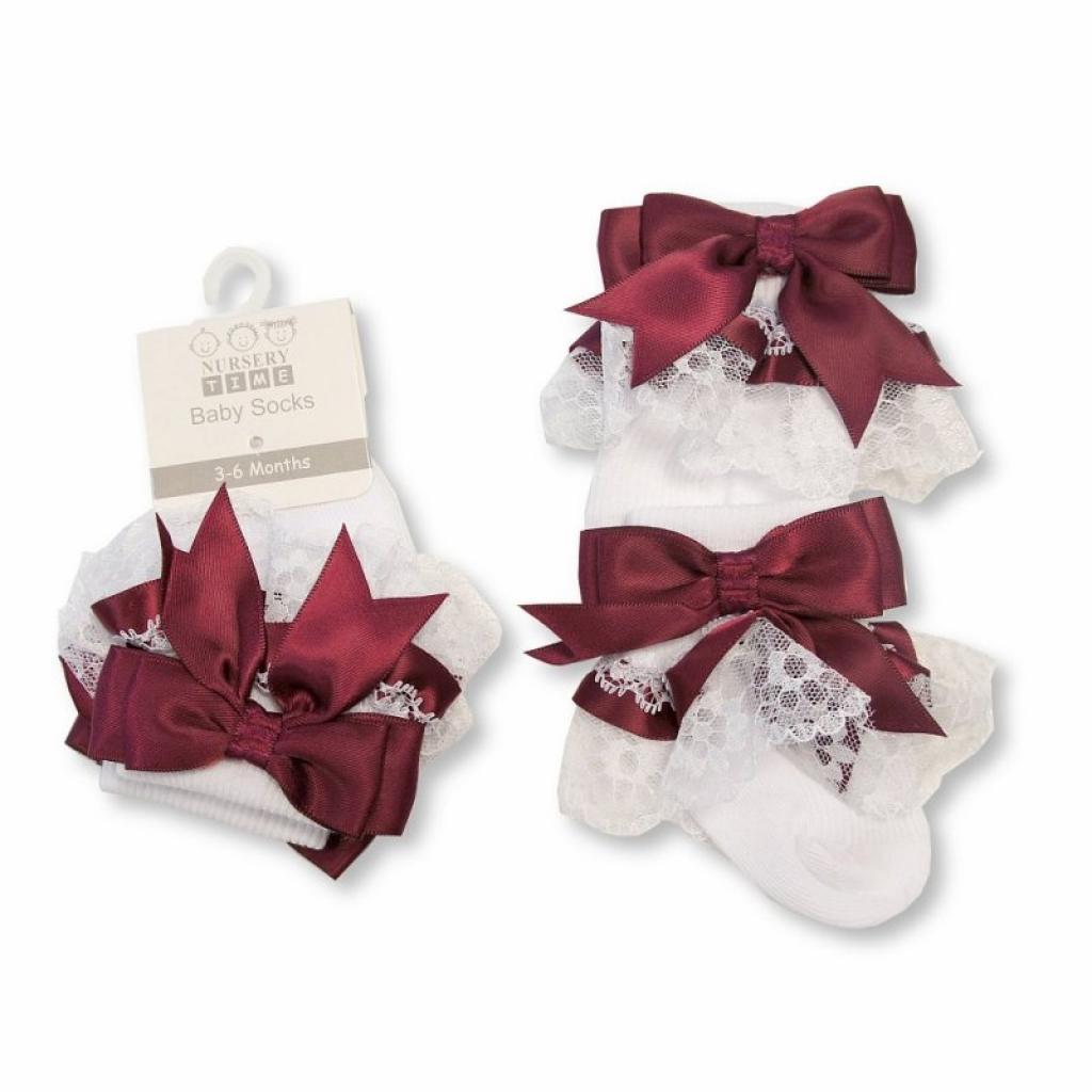 Baby Socks with Lace and Bow 0-18M 9 Burgundy Frilly socks