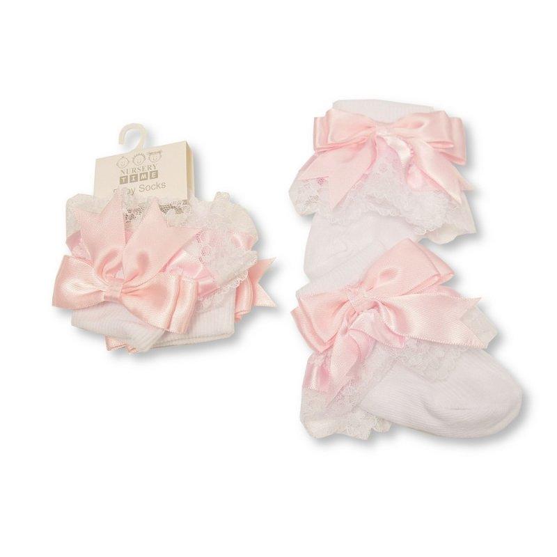 Baby Socks with Lace and Bow 0-18M 10 Pink frilly socks