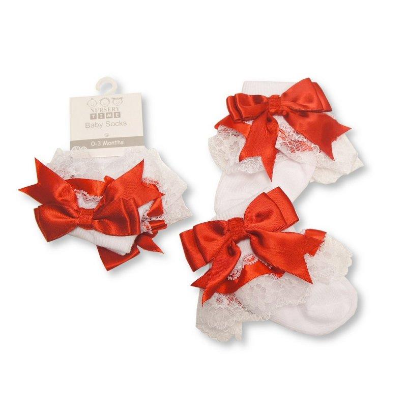 Baby Socks with Lace and Bow 0-18M 8 red frilly socks