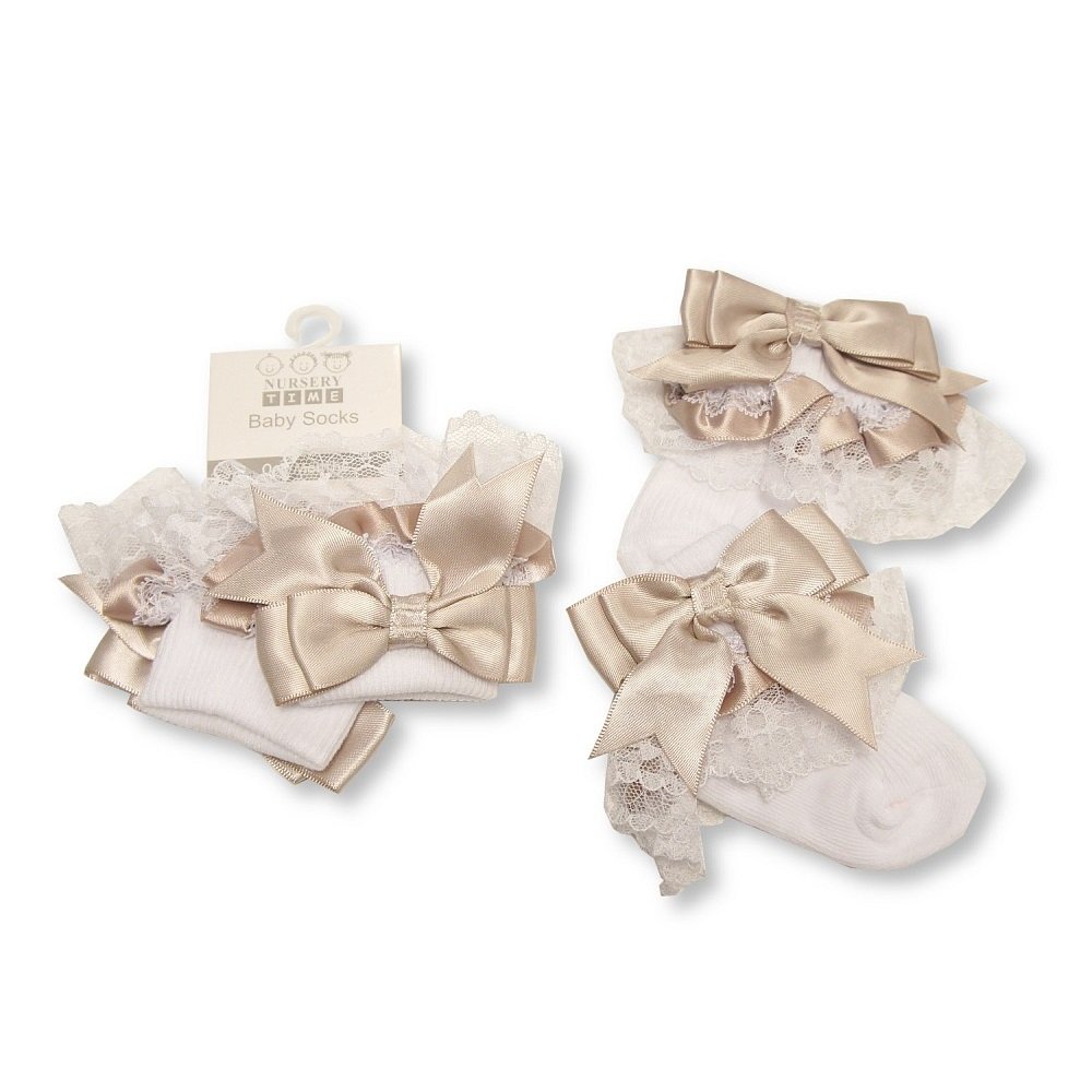 Baby Socks with Lace and Bow 0-18M 2 Taupe frilly socks