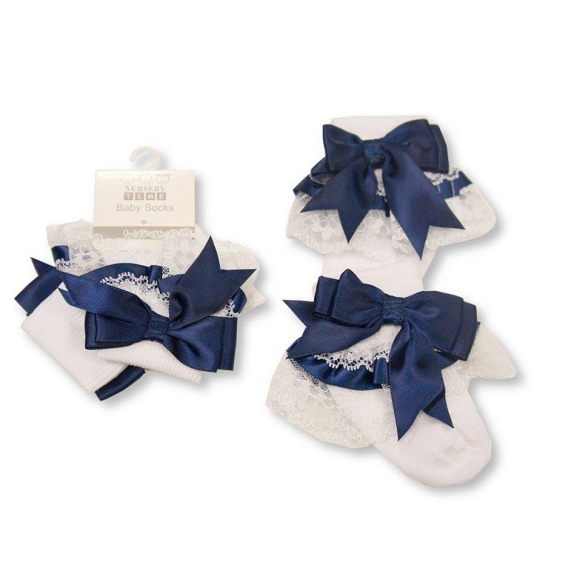 Baby Socks with Lace and Bow 0-18M 4 Navy Frilly socks