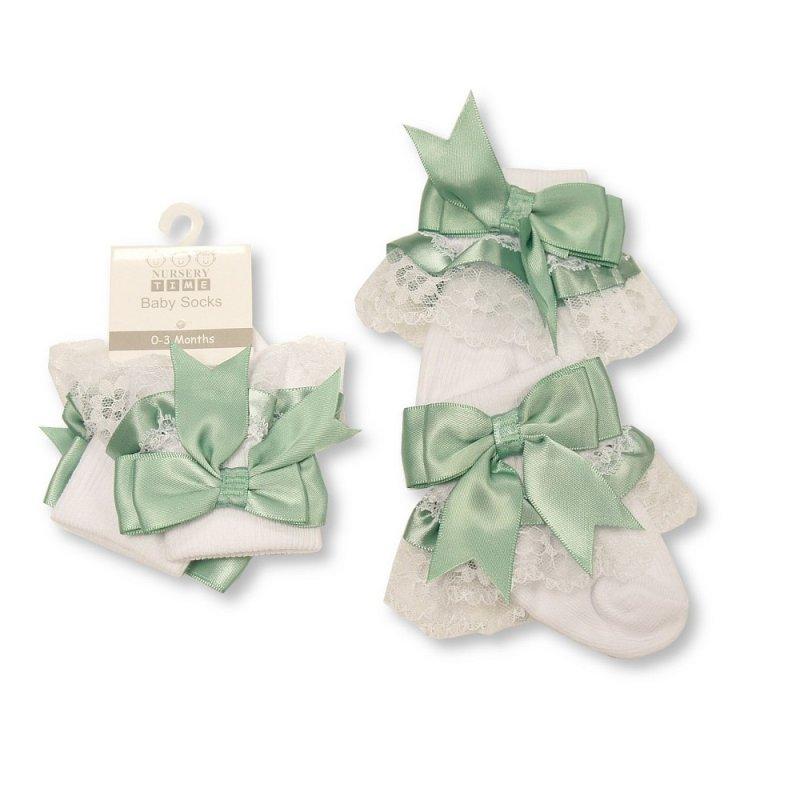 Baby Socks with Lace and Bow 0-18M 6 sage green socks