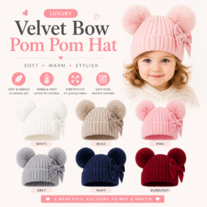 Velvet Bow PomPom Hat NB–12M
