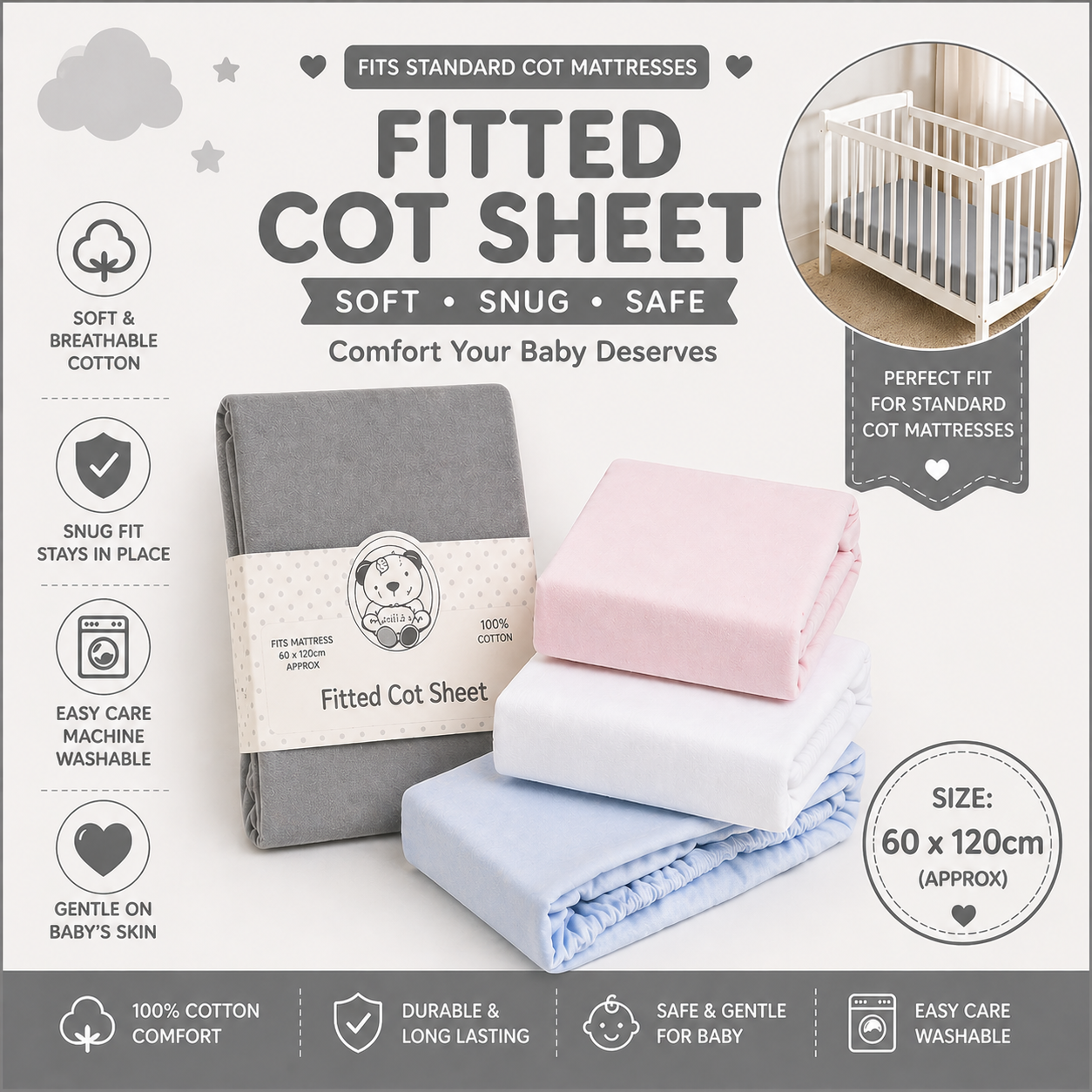 Cot Fitted Sheets - Cotton - 2 Pack 2 Cot Fitted Sheets – Cotton – 2 Pack