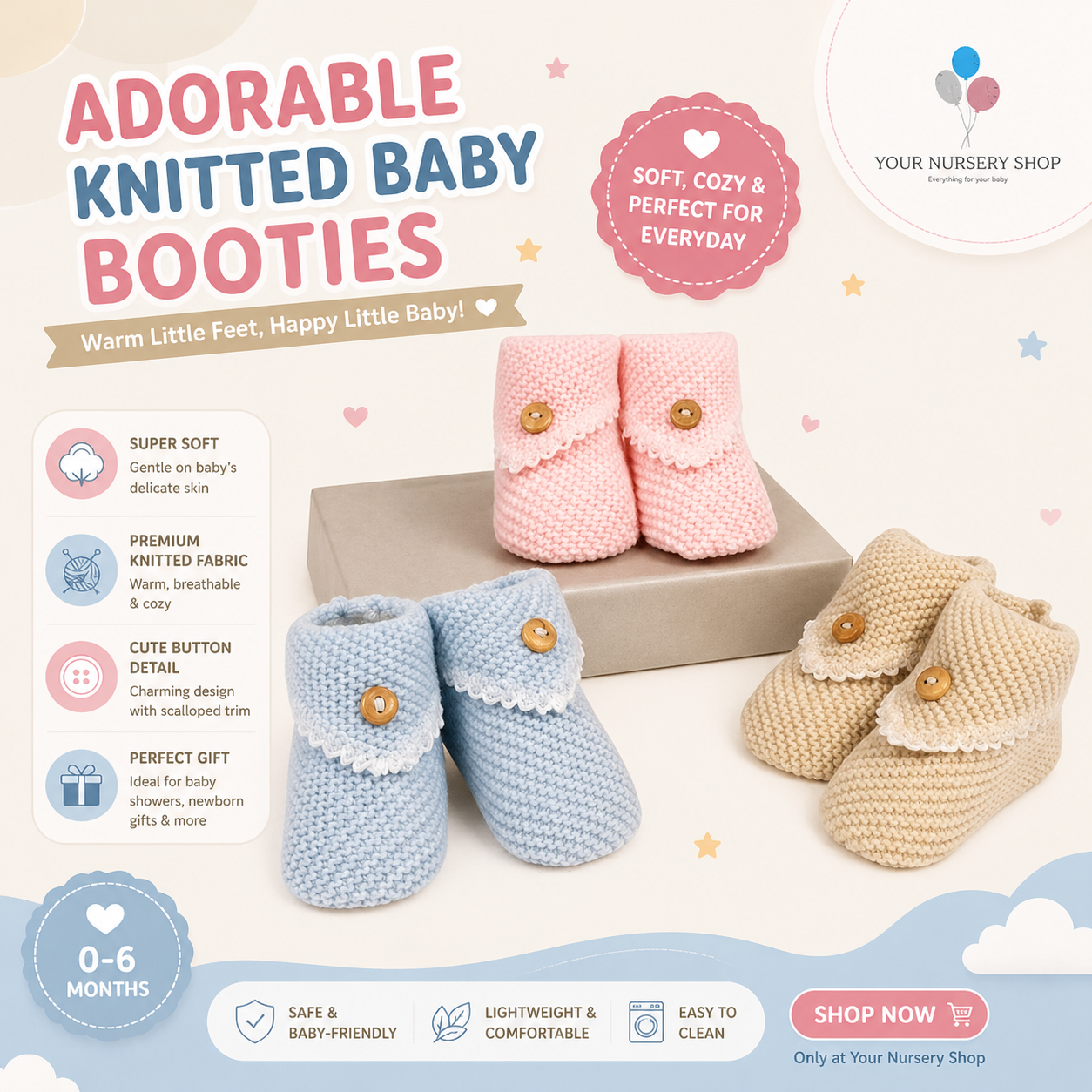 Knitted Baby Booties with Button Detail 1 Knitted Baby Booties with Button Detail
