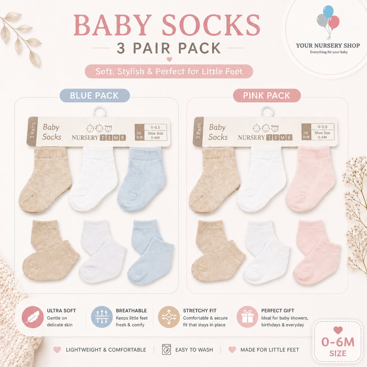 Plain Baby Socks 3 Pack 0-6m — colour 1