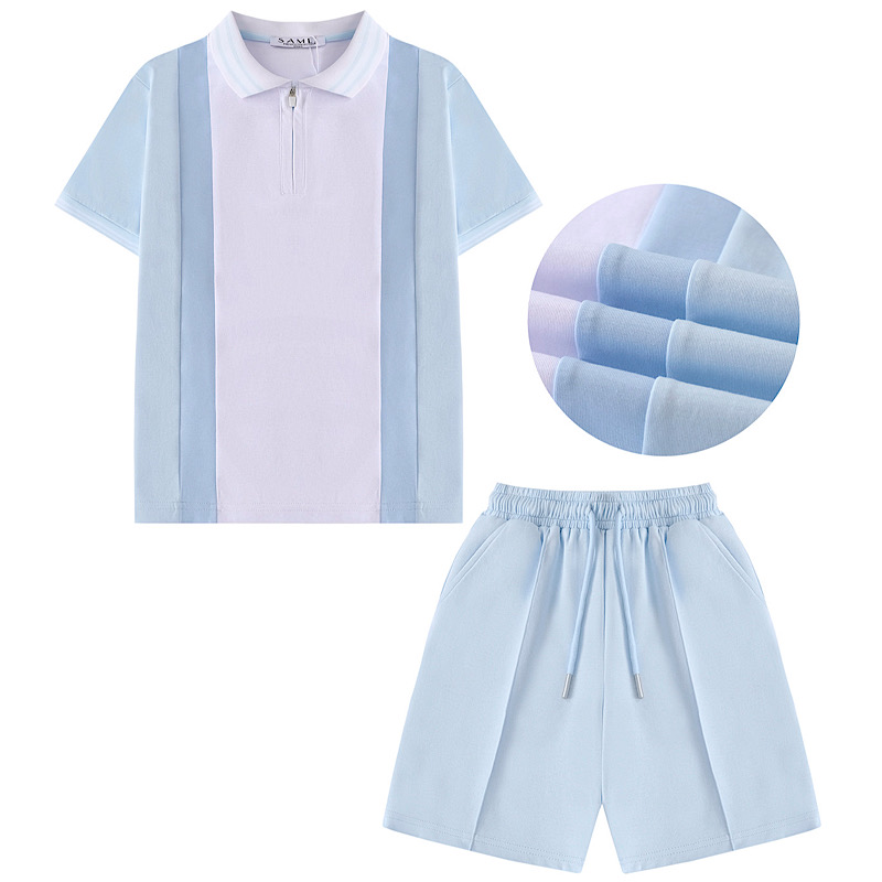 Polo Shirt and Short Set Contrast Zipped 2 blue stripe