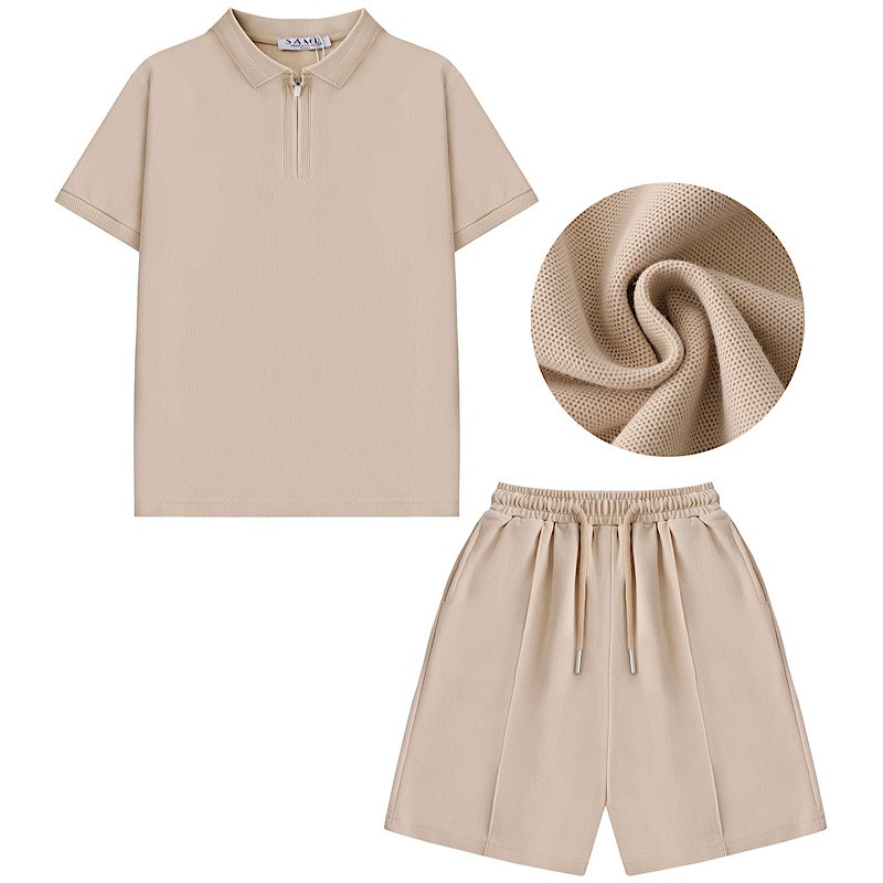 Polo Zipped T-Shirt & Drawstring Shorts Set 2 BEIGE SET
