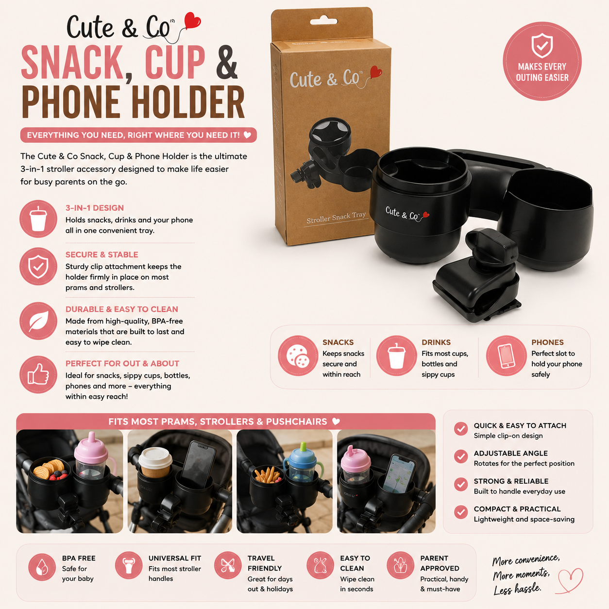Pram/Pushchair Snack Tray, Cup and Phone Holder 1 Pram/Pushchair Snack Tray, Cup and Phone Holder