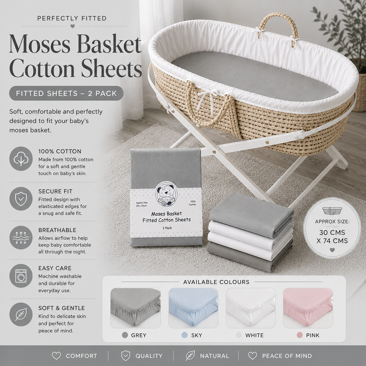 Moses Basket Cotton Sheets - Fitted - 2 Pack 2 Moses Basket Cotton Sheets